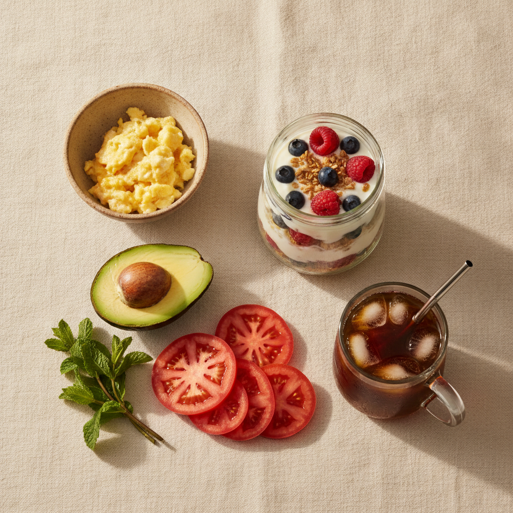 Cream flatlay of yogurt parfait, eggs, avocado, tomatoes, iced coffee